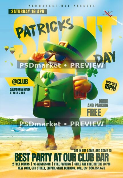Sunny beach Saint Patricks flyer with sunglasses-wearing leprechaun holding a drink, shown with two horizontal preview watermarks