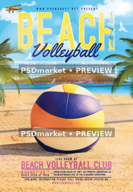 Beach volleyball flyer with yellow and blue ball on sand, net, palm fronds, and two PSDmarket preview watermarks