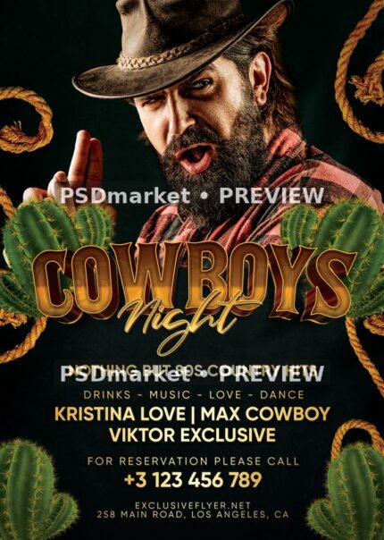 Bearded Cowboy Bronze Lettering Night Flyer PSD Template — PSD template preview