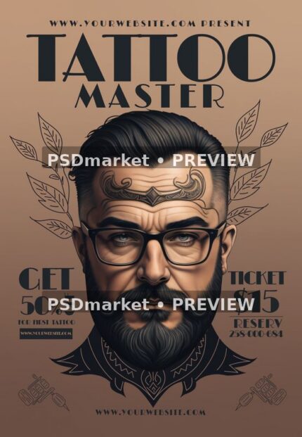 Brown Tattoo Master flyer featuring an illustrated bearded man with glasses and two horizontal PSDmarket preview watermarks