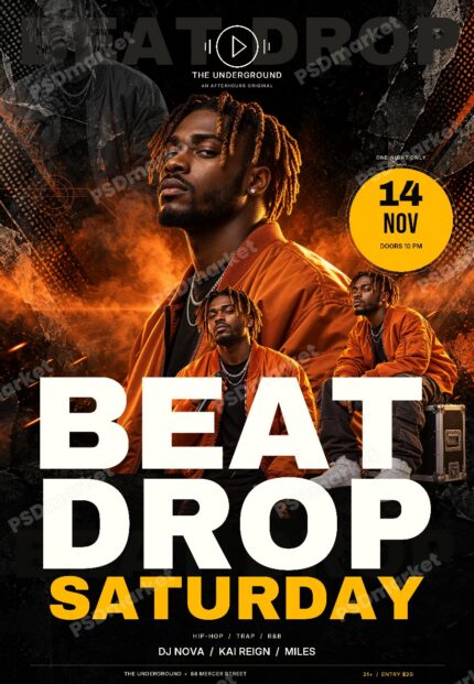 Beat Drop Saturday hip hop party flyer with orange and black portrait collage, oversized type and gold date badge; PSDmarket protected preview