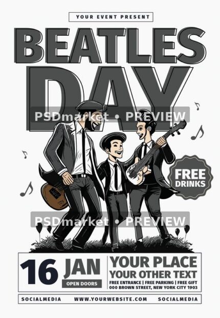 Black-and-white Beatles Day flyer with stylized musicians, large bold headline, musical notes and structured date panel.