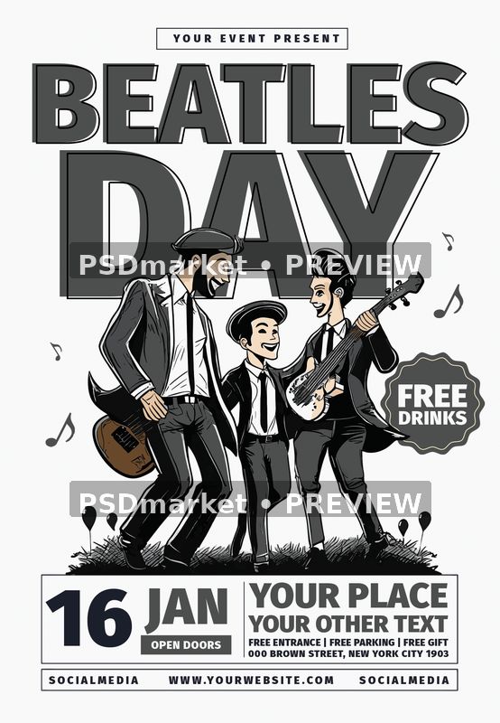 Beatles Day Illustrated Musicians Flyer PSD Template — PSD template preview