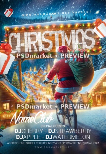 Bicycle Santa Christmas Sign Flyer PSD Template — reduced watermarked source artwork preview