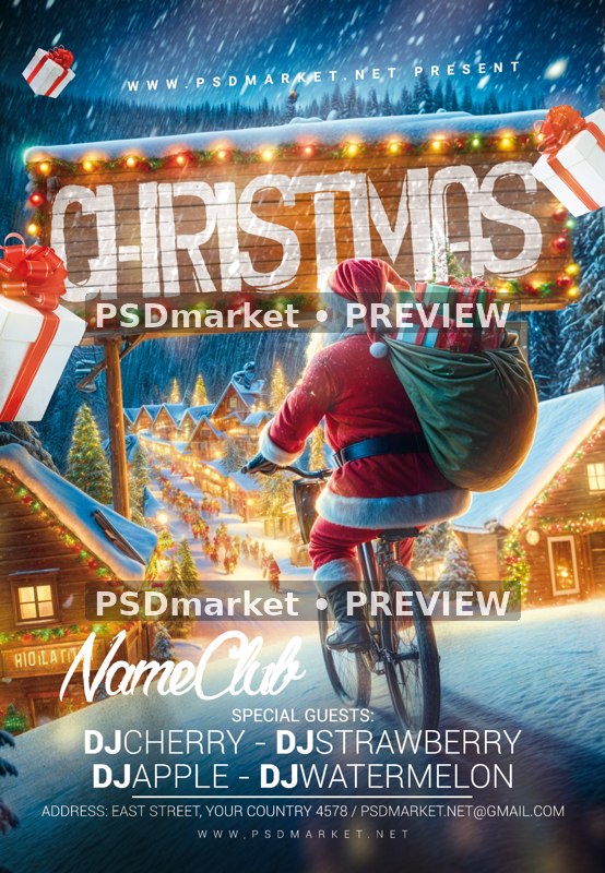 Bicycle Santa Christmas Sign Flyer PSD Template — reduced watermarked source artwork preview
