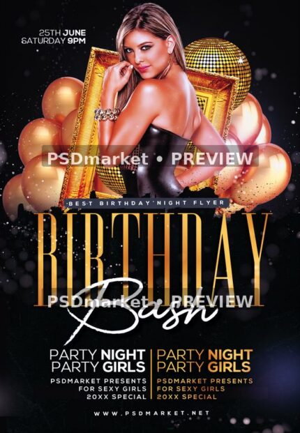 Black-and-gold birthday bash flyer with a framed portrait, gold balloons, disco balls, and large birthday lettering.
