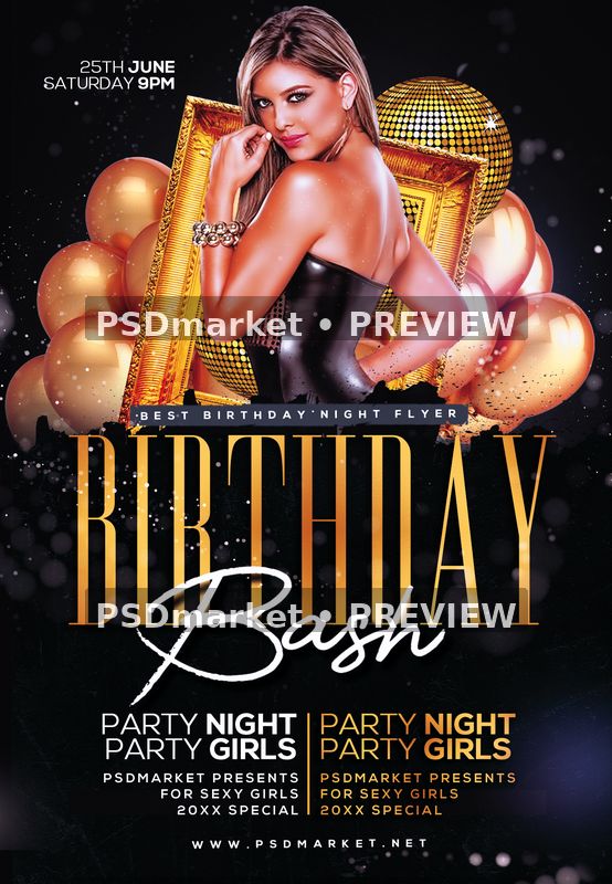 Birthday Bash Gold Party Flyer PSD Template — PSD template preview