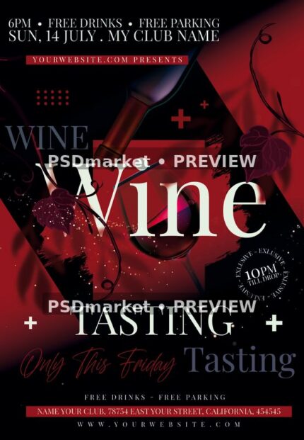 Black and burgundy wine-tasting flyer with pouring bottle and wine glass, with two horizontal PSDmarket preview watermarks