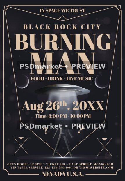 Black and Gold Burning Man Festival Flyer PSD Template — PSD template preview