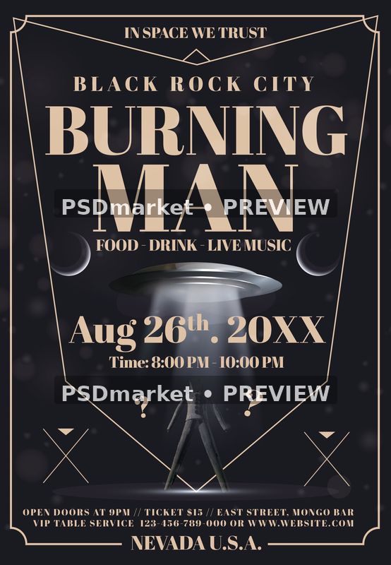 Black and Gold Burning Man Festival Flyer PSD Template — PSD template preview