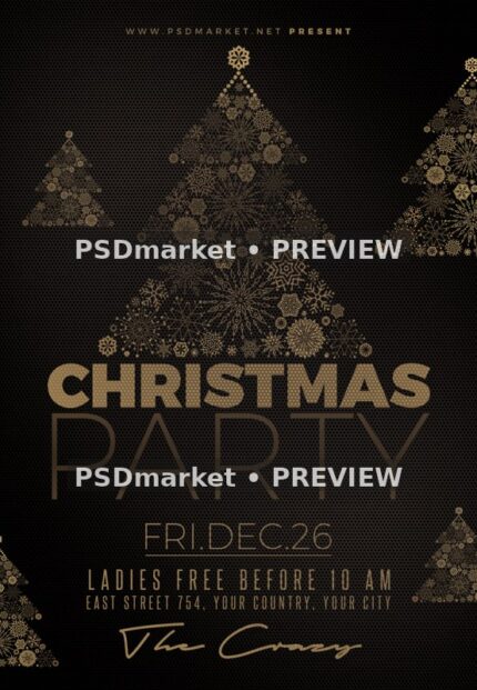 Black and Gold Snowflake Tree Christmas Flyer PSD Template — reduced watermarked source artwork preview