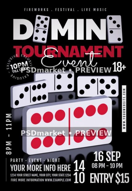 Black and red domino tournament flyer with white game tiles and two horizontal PSDmarket preview watermarks