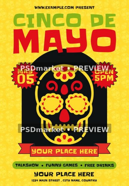 Yellow Cinco de Mayo flyer with a red and yellow decorative skull and two horizontal PSDmarket preview watermarks
