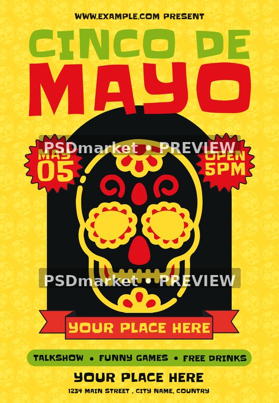 Black Arch Sugar Skull Cinco de Mayo Flyer PSD Template — PSD template preview