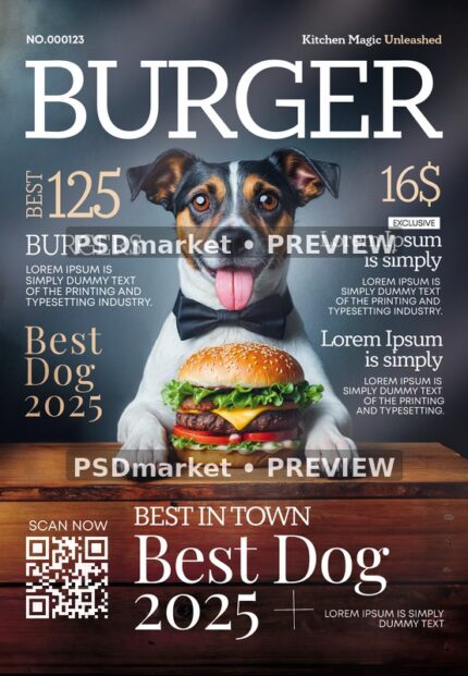 Black Bow Dog Burger Magazine Flyer PSD Template — PSD template preview