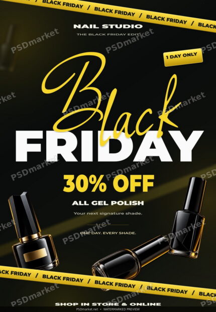 Black Friday gel polish sale flyer with yellow ribbons, script lettering and black nail polish bottles — watermarked preview