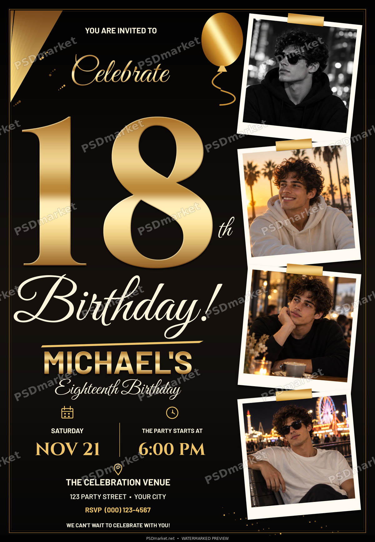 Black and gold eighteenth birthday invitation with metallic 18, flowing Birthday script and four tilted photo frames; watermarked preview
