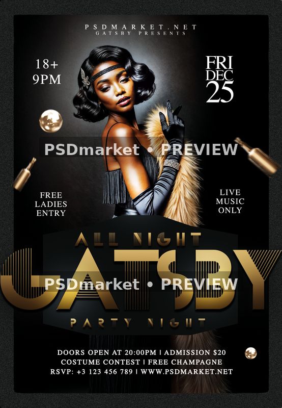 Black Gold Flapper Portrait Gatsby Club Flyer PSD Template — PSD template preview