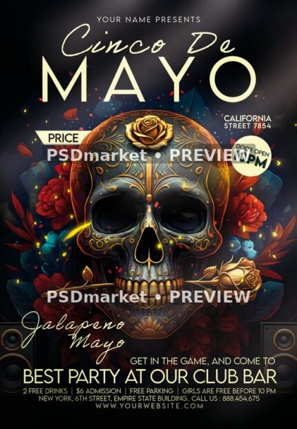 Black Gold Rose Skull Cinco de Mayo Flyer PSD Template — PSD template preview