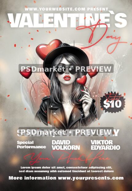 Black Hat Portrait Valentine's Day Flyer PSD Template — PSD template preview