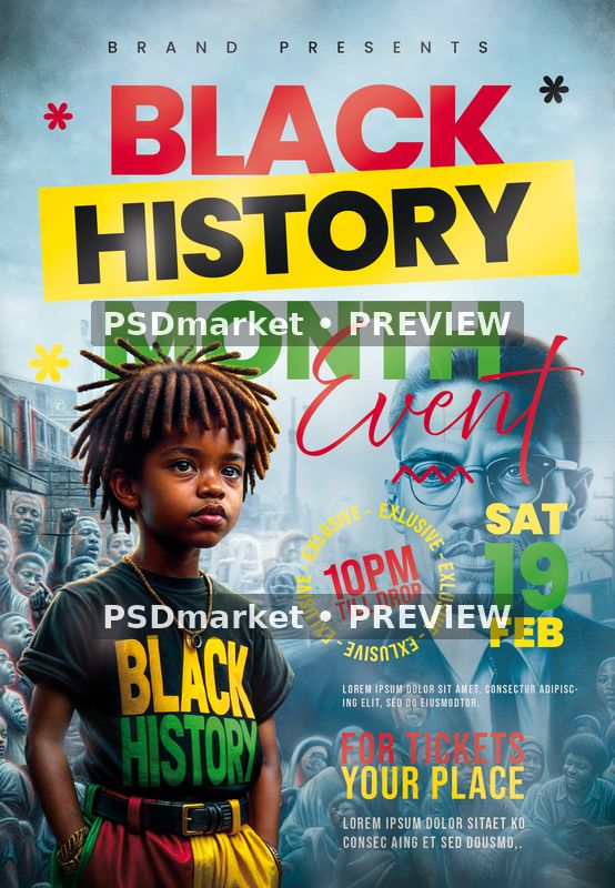 Black History Month event flyer with red yellow and green headline blocks and an illustrated child in the foreground