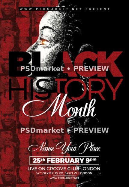 Red and black Black History Month flyer with a monochrome profile, portrait collage, and two PSDmarket preview watermarks
