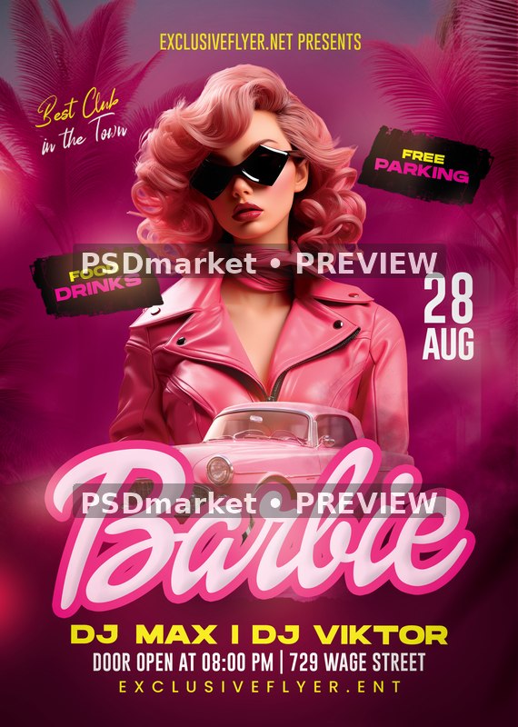 Black Sunglasses Barbie Party Flyer PSD Template — PSD template preview