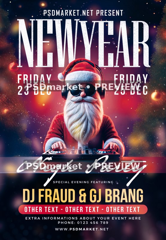 Black Sunglasses Santa DJ New Year Flyer PSD Template — reduced watermarked source artwork preview