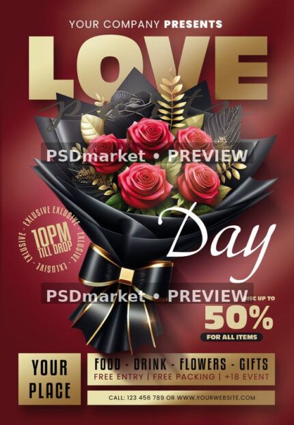Black Wrapped Roses Love Day Flyer PSD Template — PSD template preview