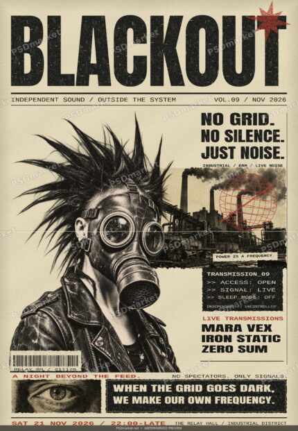 BLACKOUT punk Xerox club flyer with distressed black typography, gas-mask portrait, cream paper and red accents; watermarked PSDmarket preview.