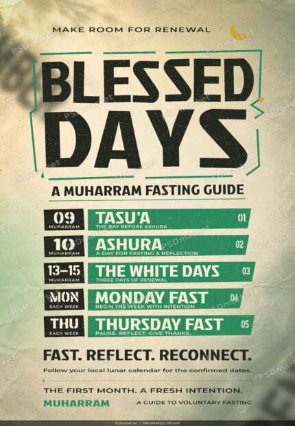 Watermarked Blessed Days Muharram fasting guide with black distressed lettering, green calendar ribbons and warm paper texture.