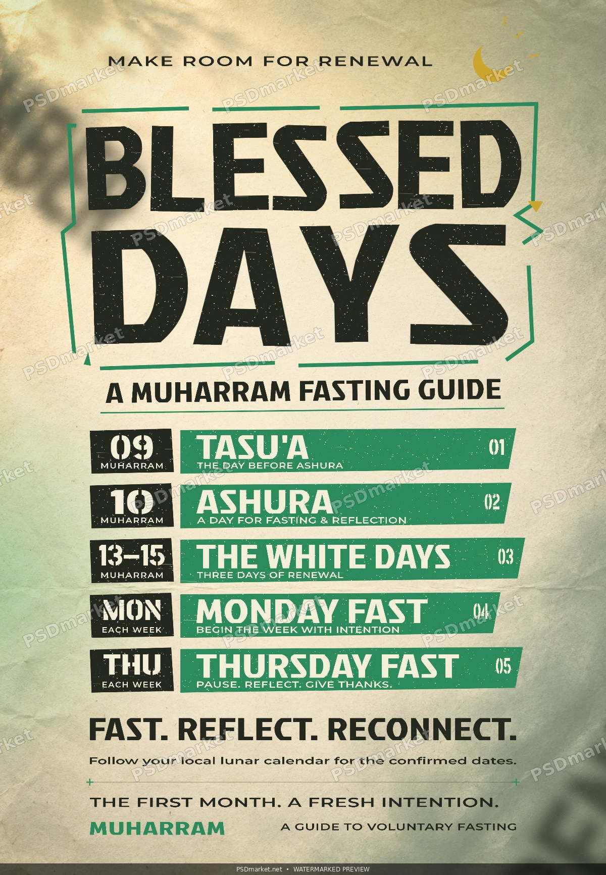 Blessed Days Muharram Fasting Guide Flyer PSD Template — PSD template preview