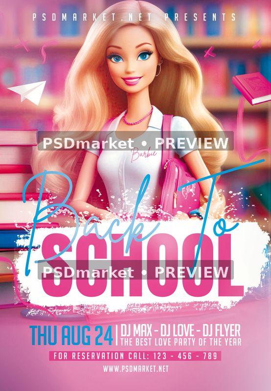 Blonde Doll Back To School Party Flyer PSD Template — PSD template preview