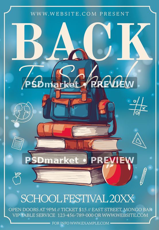 Blue Backpack Back to School Flyer PSD Template — PSD template preview