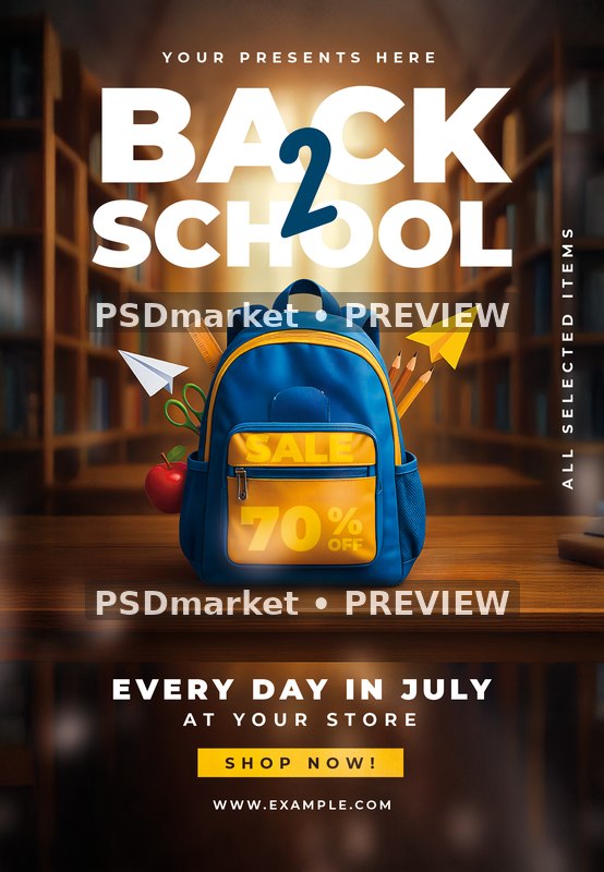 Blue Backpack Back to School Sale Flyer PSD Template — PSD template preview