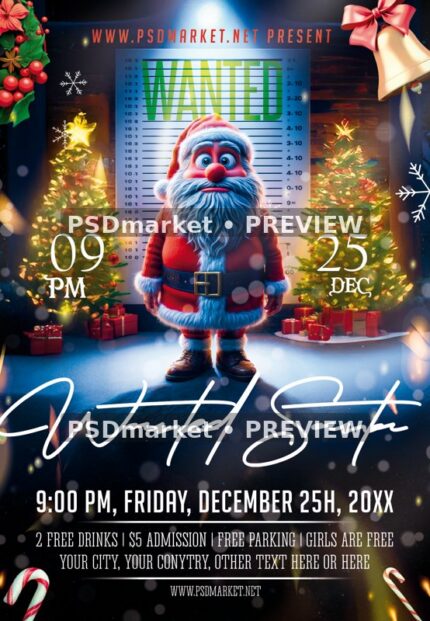 Blue-Bearded Wanted Santa Party Flyer PSD Template — reduced watermarked source artwork preview