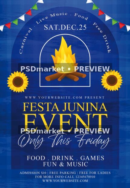 Blue Bonfire Festa Junina Event Flyer PSD Template — PSD template preview