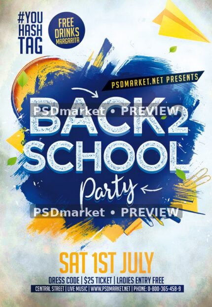 Blue Brushstroke Back to School Party Flyer PSD Template — PSD template preview