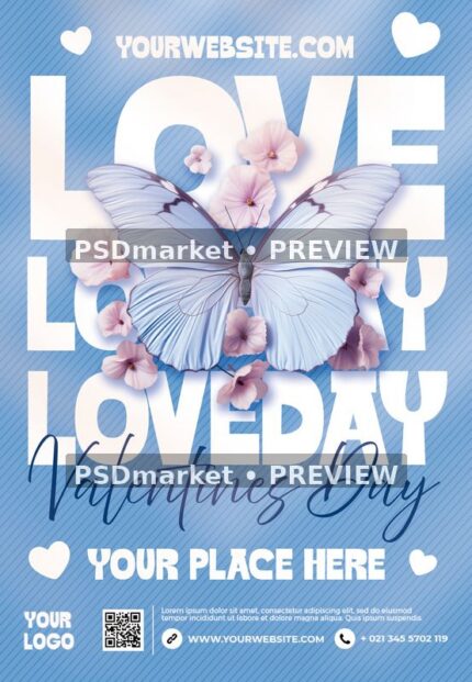 Blue Butterfly Floral Love Day Flyer PSD Template — PSD template preview