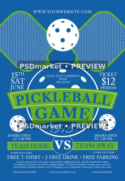 Blue Crossed Paddles Pickleball Game Flyer PSD Template — PSD template preview
