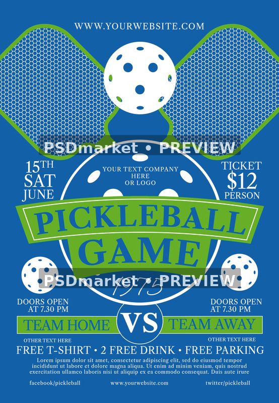 Blue Crossed Paddles Pickleball Game Flyer PSD Template — PSD template preview