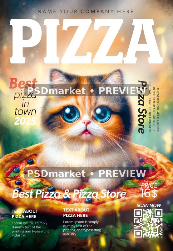 Blue Eyed Kitten Pizza Magazine Flyer PSD Template — PSD template preview