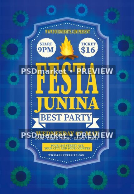 Blue Festival Badge Festa Junina Flyer PSD Template — PSD template preview