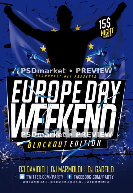 Blue Flag Europe Day Weekend Flyer PSD Template — PSD template preview