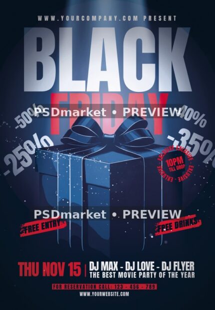Blue Gift Box Black Friday Event Flyer PSD Template — reduced watermarked source artwork preview