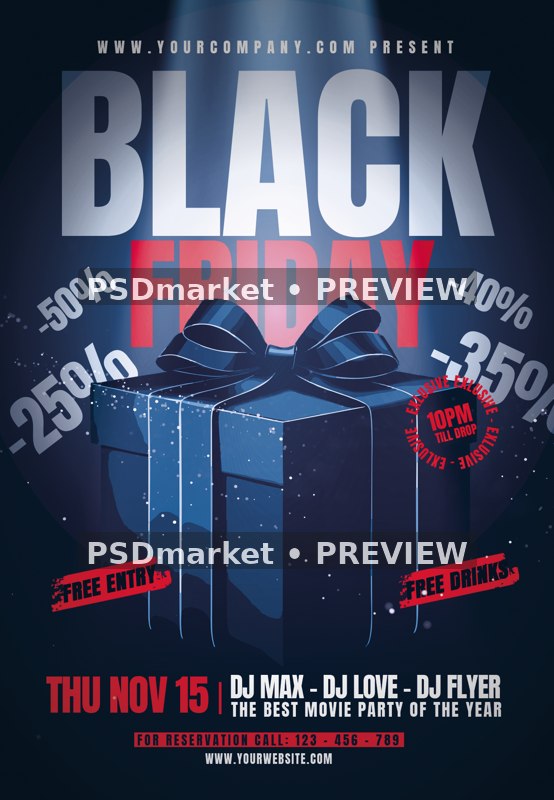 Blue Gift Box Black Friday Event Flyer PSD Template — PSD template preview