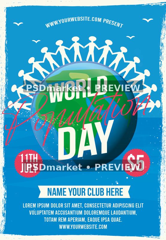 Blue Globe World Population Day Flyer PSD Template — PSD template preview