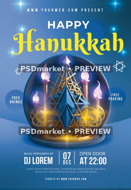 Blue Gold Candle Star Happy Hanukkah Flyer PSD Template — reduced watermarked source artwork preview