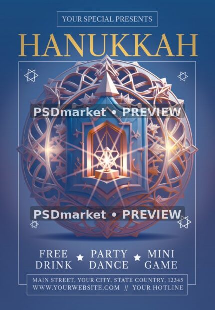 Blue Gold Geometric Star Hanukkah Flyer PSD Template — reduced watermarked source artwork preview