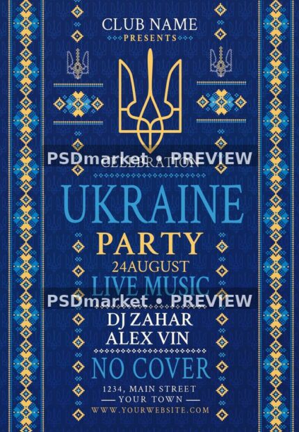 Blue Gold Ukrainian Ornament Party Flyer PSD Template — PSD template preview